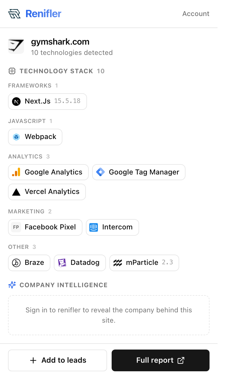 Renifler extension detecting the tech stack of a website