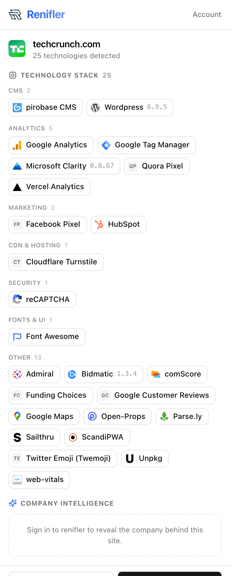 Renifler detecting 25 technologies on a news site